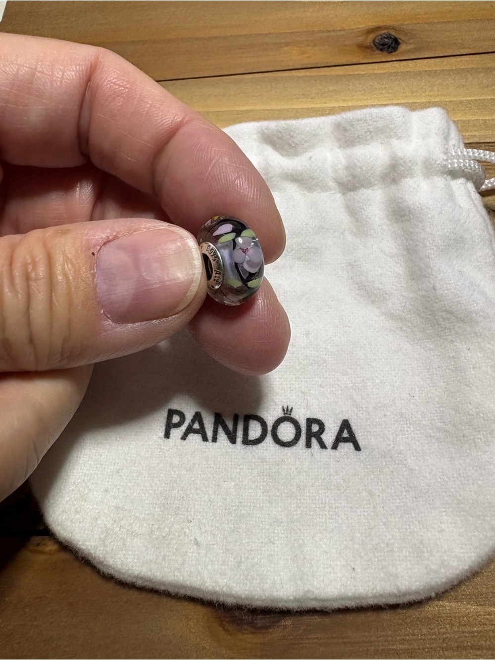 Pandora Black Murano Glass Floral Charm with Pink and Green Accents
